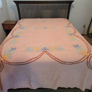 VINTAGE chenille queen coverlet flowers bedspread blanket Peach Blue Yellow